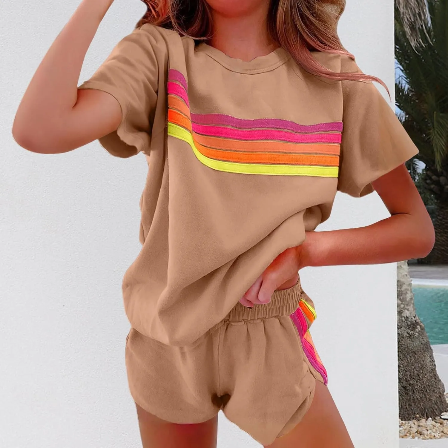2 Piece Sets for Women Summer Rainbow Striped Lounge Sets Casual Short Sleeve Tops Matching Runner Shorts Outfits