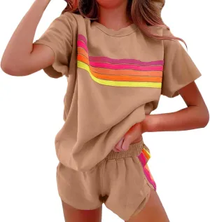 2 Piece Sets for Women Summer Rainbow Striped Lounge Sets Casual Short Sleeve Tops Matching Runner Shorts Outfits