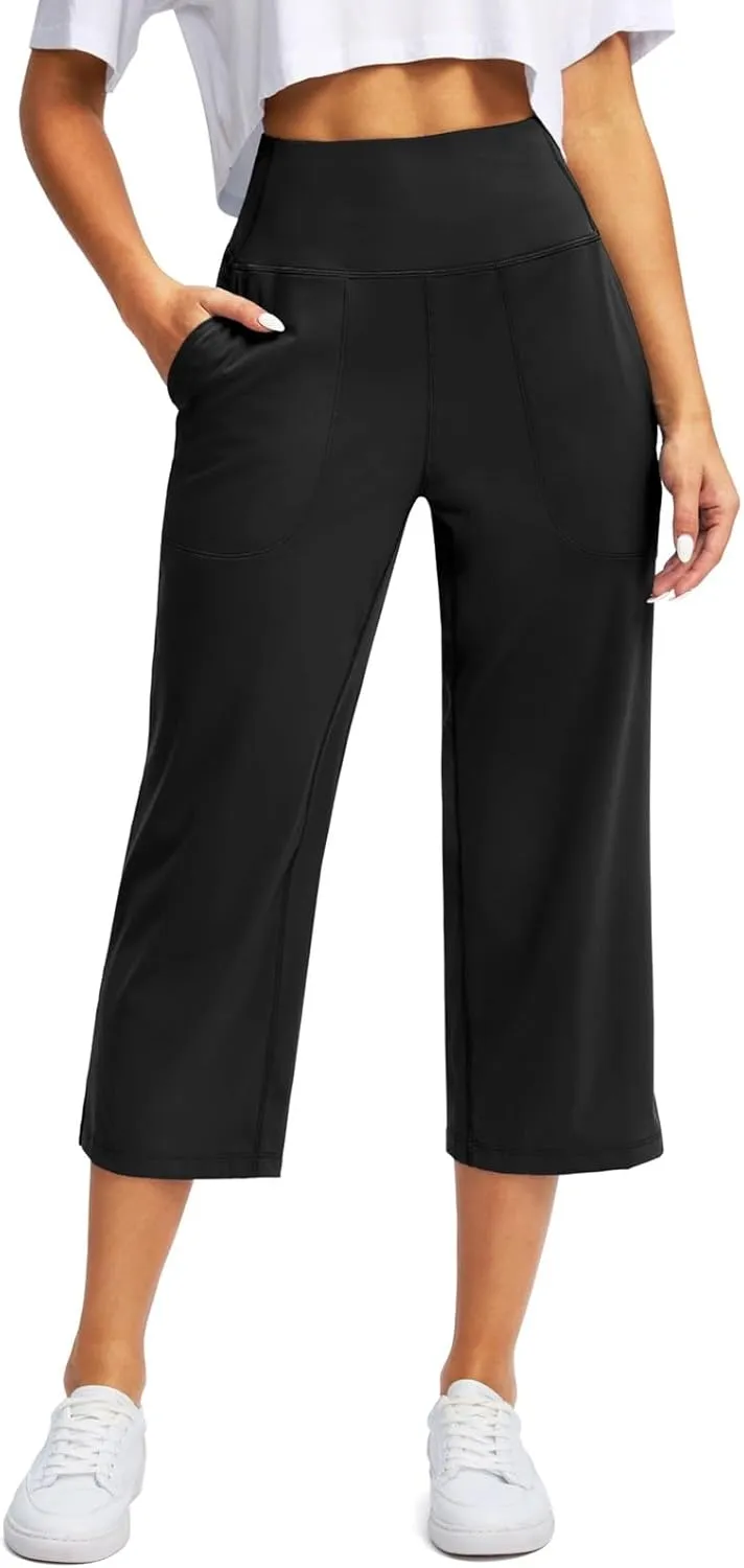 2025 Womens Yoga Capris for Summer High Waist Cropped Pants Stretch Wide Leg Casual Capris Pants with Pockets