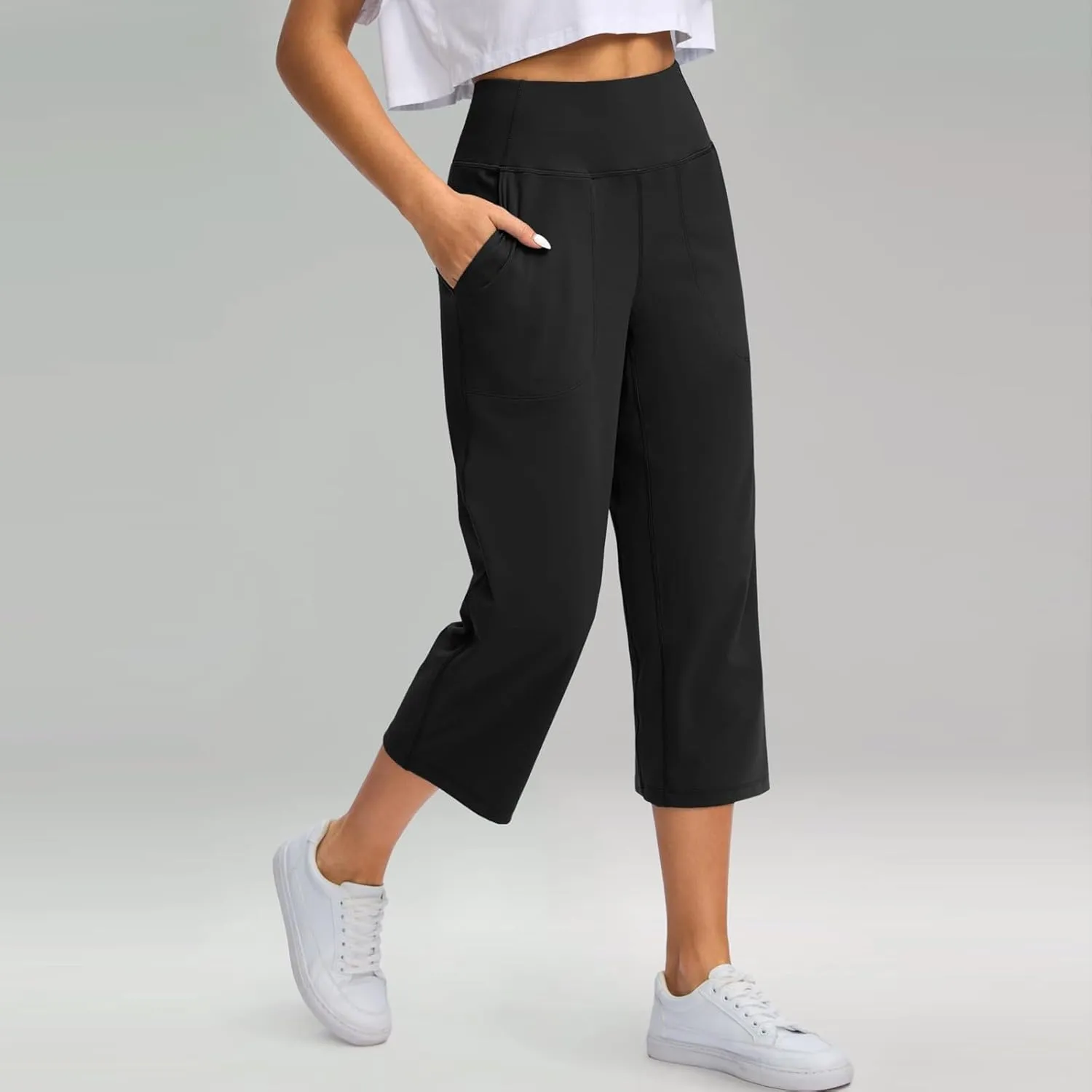 2025 Womens Yoga Capris for Summer High Waist Cropped Pants Stretch Wide Leg Casual Capris Pants with Pockets