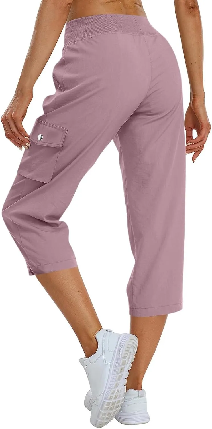 ADHOWBEW Women's Cargo Pants with Pockets Summer Baggy Casual Elastic Waist Lightweight Capri Pants Joggers