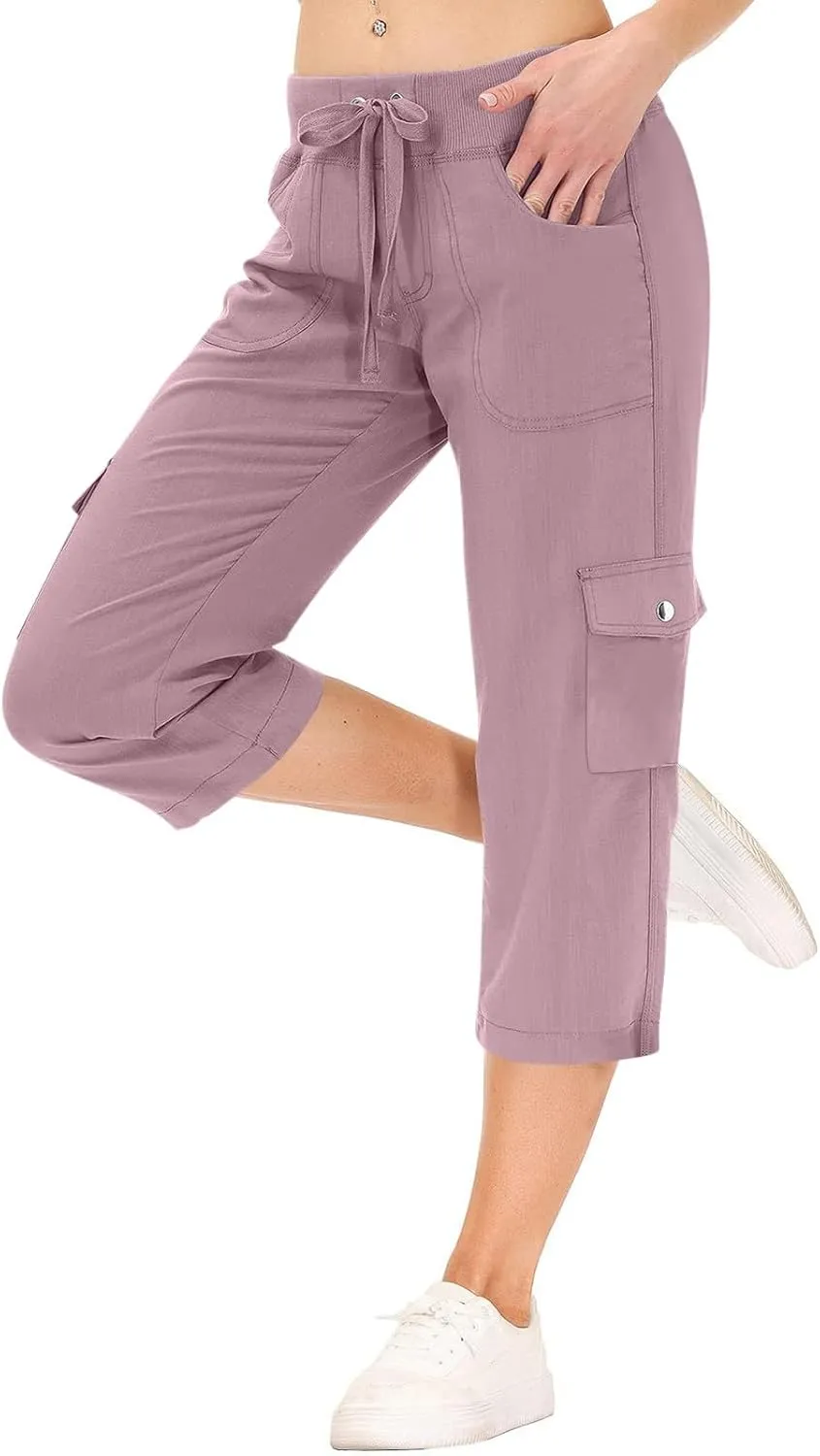ADHOWBEW Women's Cargo Pants with Pockets Summer Baggy Casual Elastic Waist Lightweight Capri Pants Joggers
