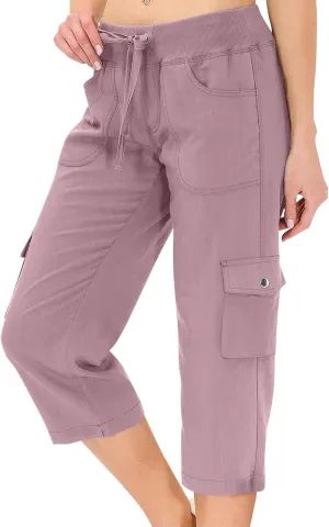 ADHOWBEW Women's Cargo Pants with Pockets Summer Baggy Casual Elastic Waist Lightweight Capri Pants Joggers
