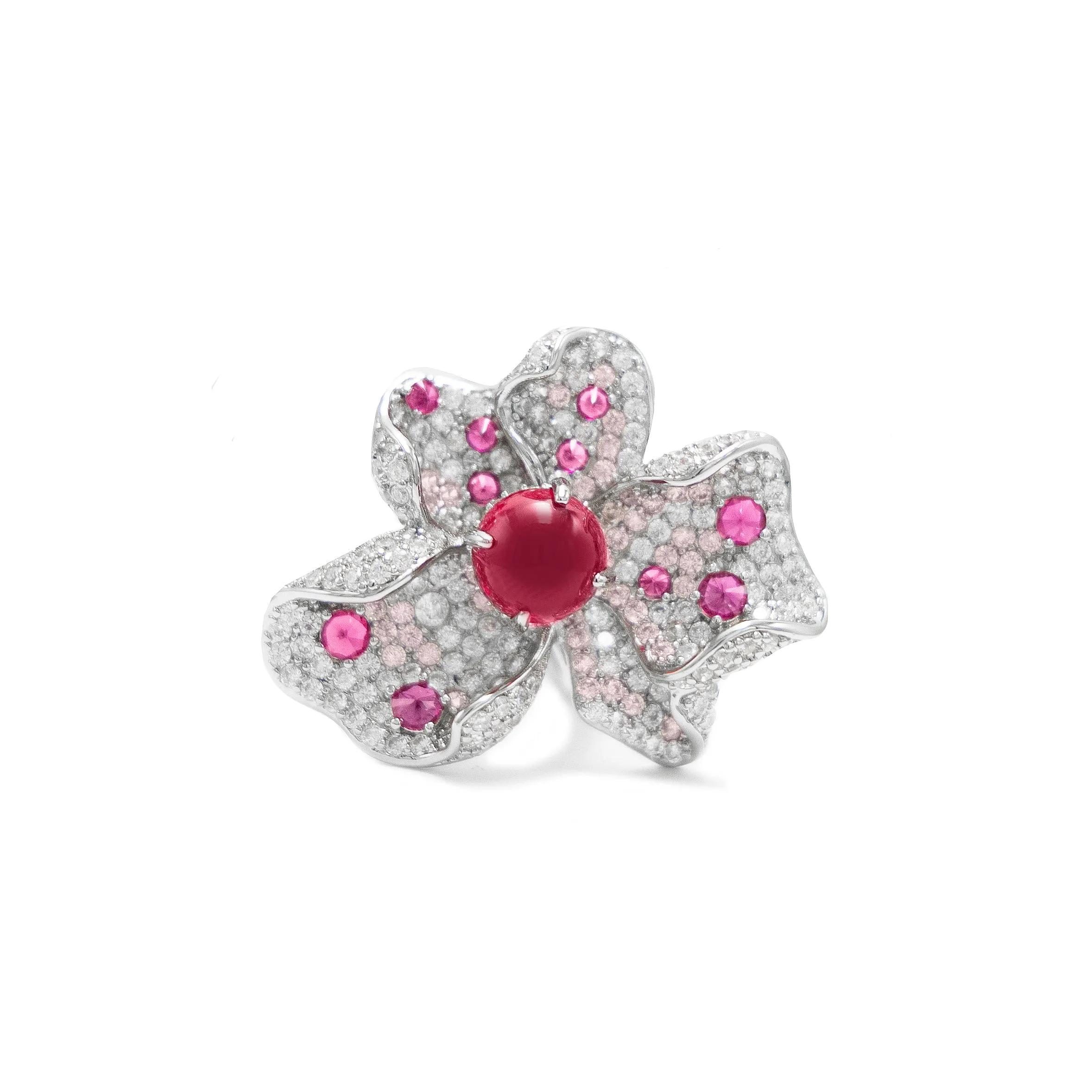 Anillo flor rojo - chapa de oro rodio