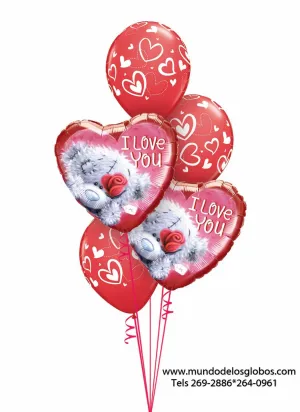Bouquet de Corazones I Love You con Osito con Rosa y Globos Rojos con Corazones Blancos