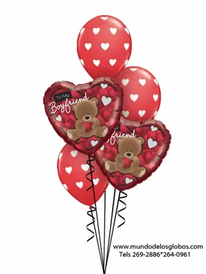 Bouquet de Corazones To My Boyfriend con Osito y Corazoncitos, Globos Rojos con Corazones Blancos