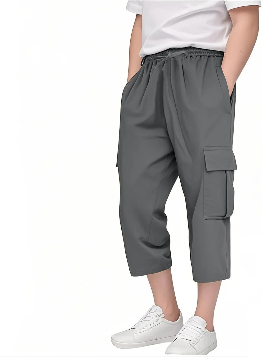 Boys Baggy Cargo Pants Straight Wide Leg Trousers High Elastic Waist Cargo Solid Color Casual Sport Joggers Clothes