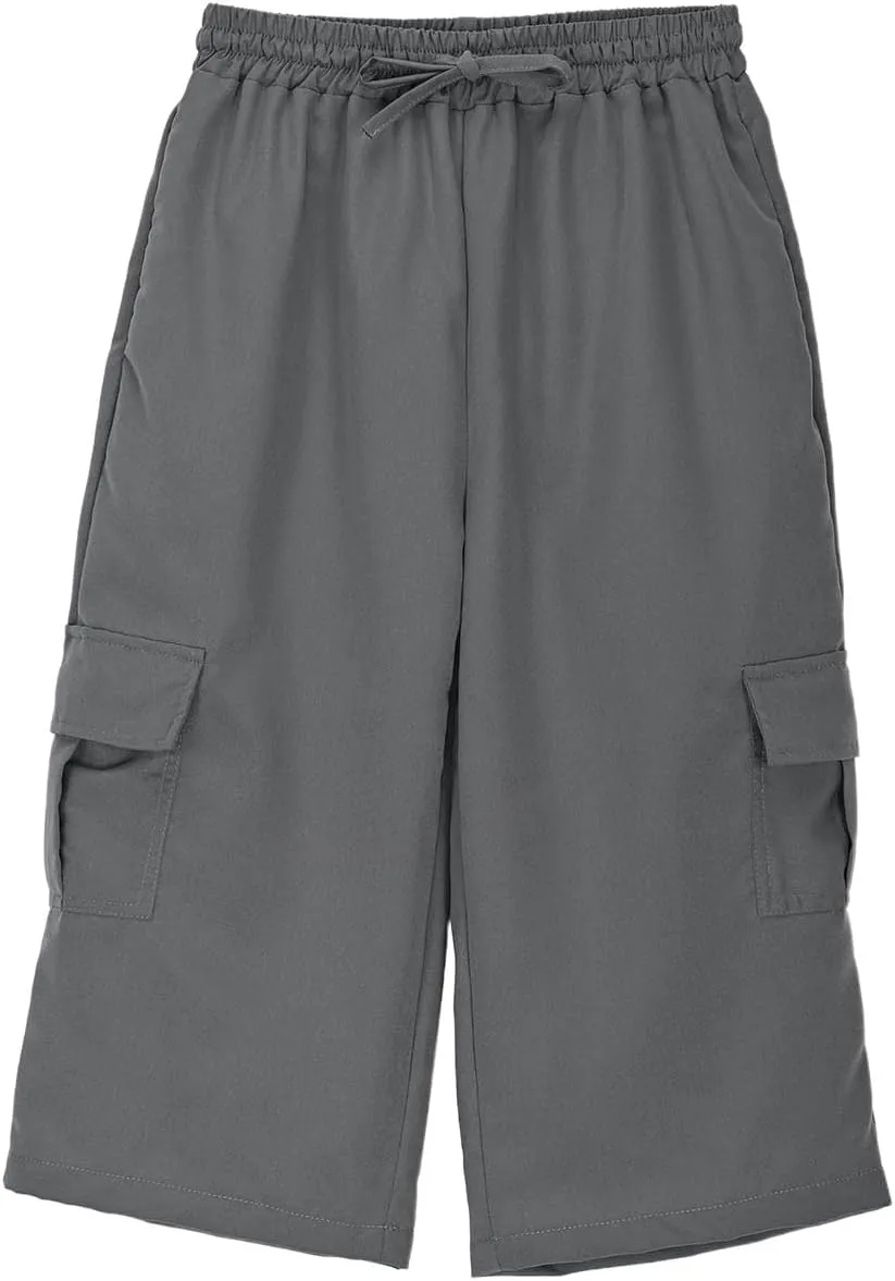 Boys Baggy Cargo Pants Straight Wide Leg Trousers High Elastic Waist Cargo Solid Color Casual Sport Joggers Clothes