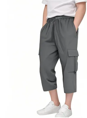 Boys Baggy Cargo Pants Straight Wide Leg Trousers High Elastic Waist Cargo Solid Color Casual Sport Joggers Clothes