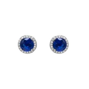 Broqueles redondos y halo de zirconias azul - chapa de rodio