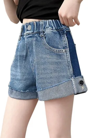 Cargo Denim Shorts for Girls 2025 Casual Summer Roll Cuff Jean Shorts Kids Elastic Waisted (Light Blue, 10-11 Years)