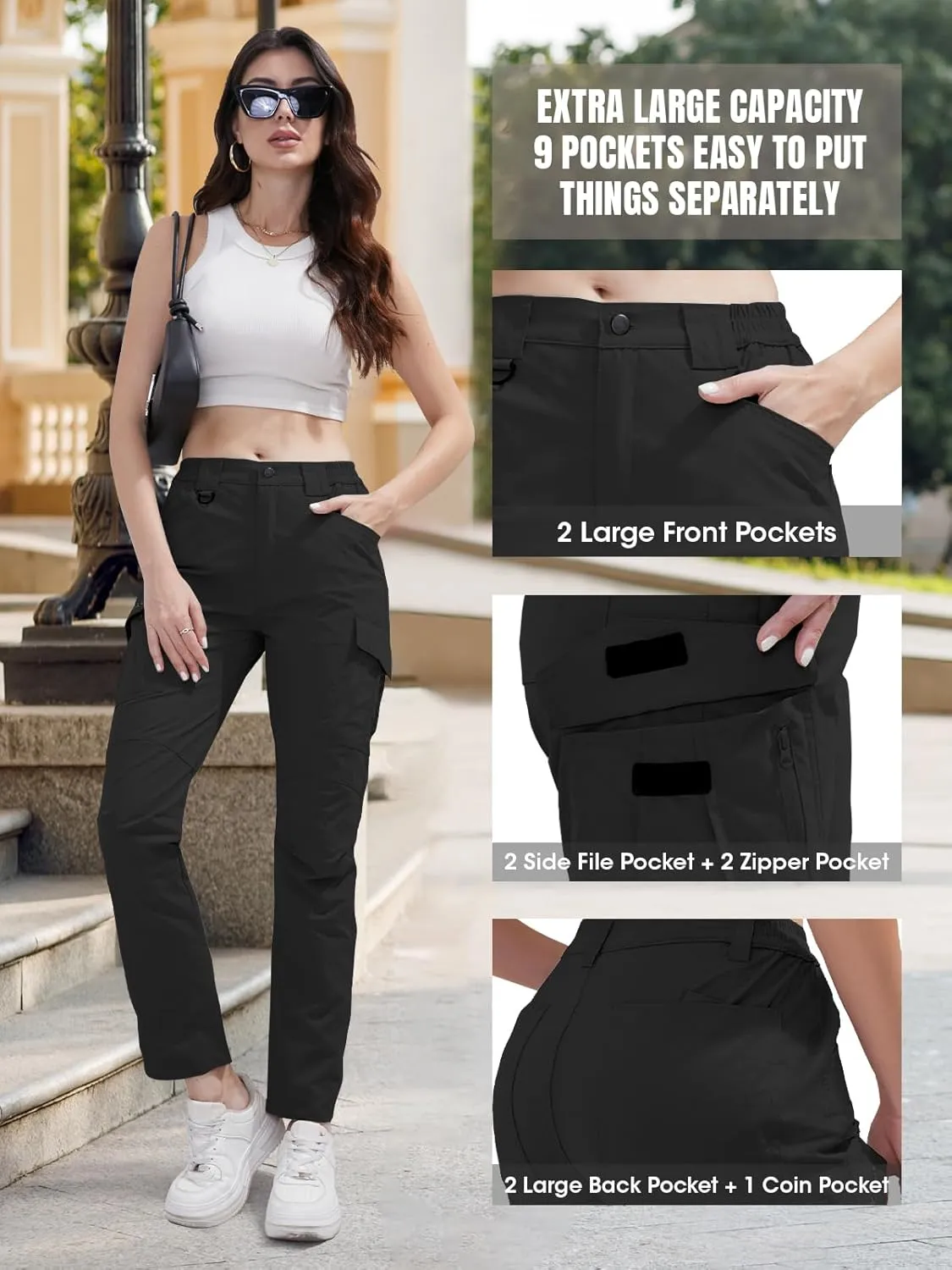 Cargo Pants Women with 9 Pockets - High Waist Water-Resistant Tactical Pants for Hiking, Sports, and Casual Wear