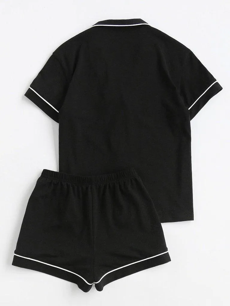 Contrast Piping Pocket Front Pajama Set