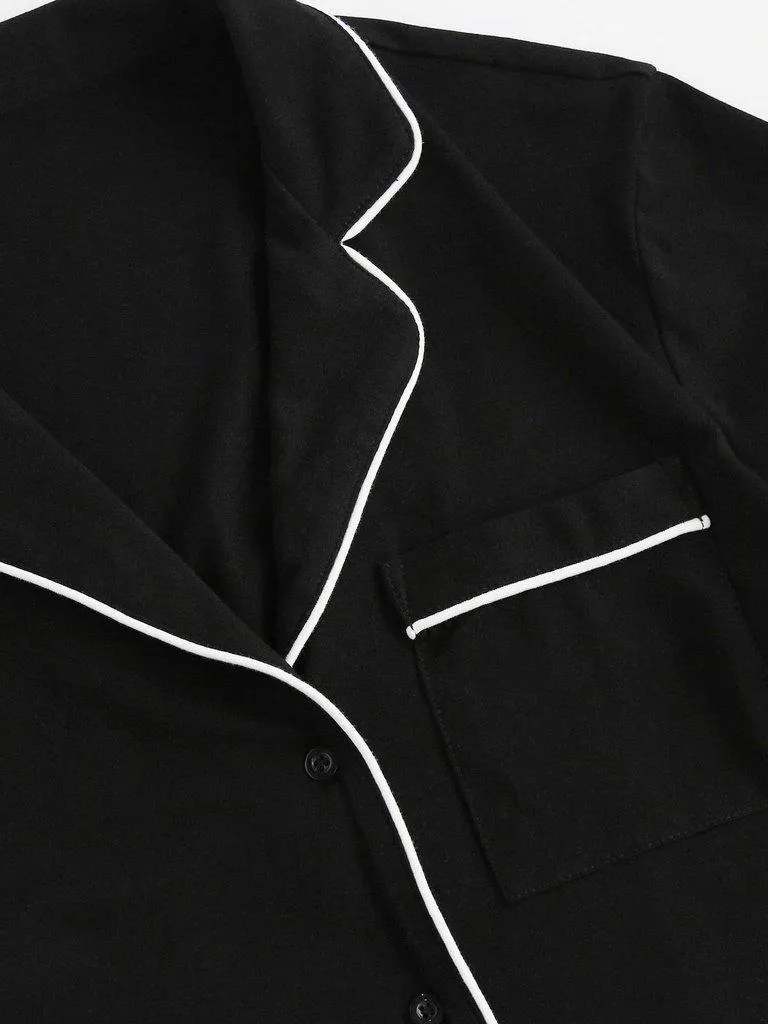 Contrast Piping Pocket Front Pajama Set