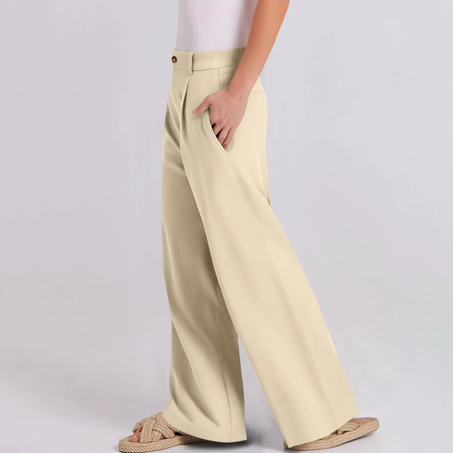 fanmpghleoo Dress Pants Women High Waisted Straight Wide Leg Linen Pants Summer Business Casual Linen Trousers with Pockets