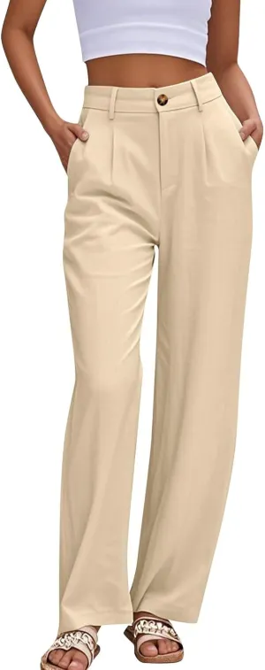 fanmpghleoo Dress Pants Women High Waisted Straight Wide Leg Linen Pants Summer Business Casual Linen Trousers with Pockets
