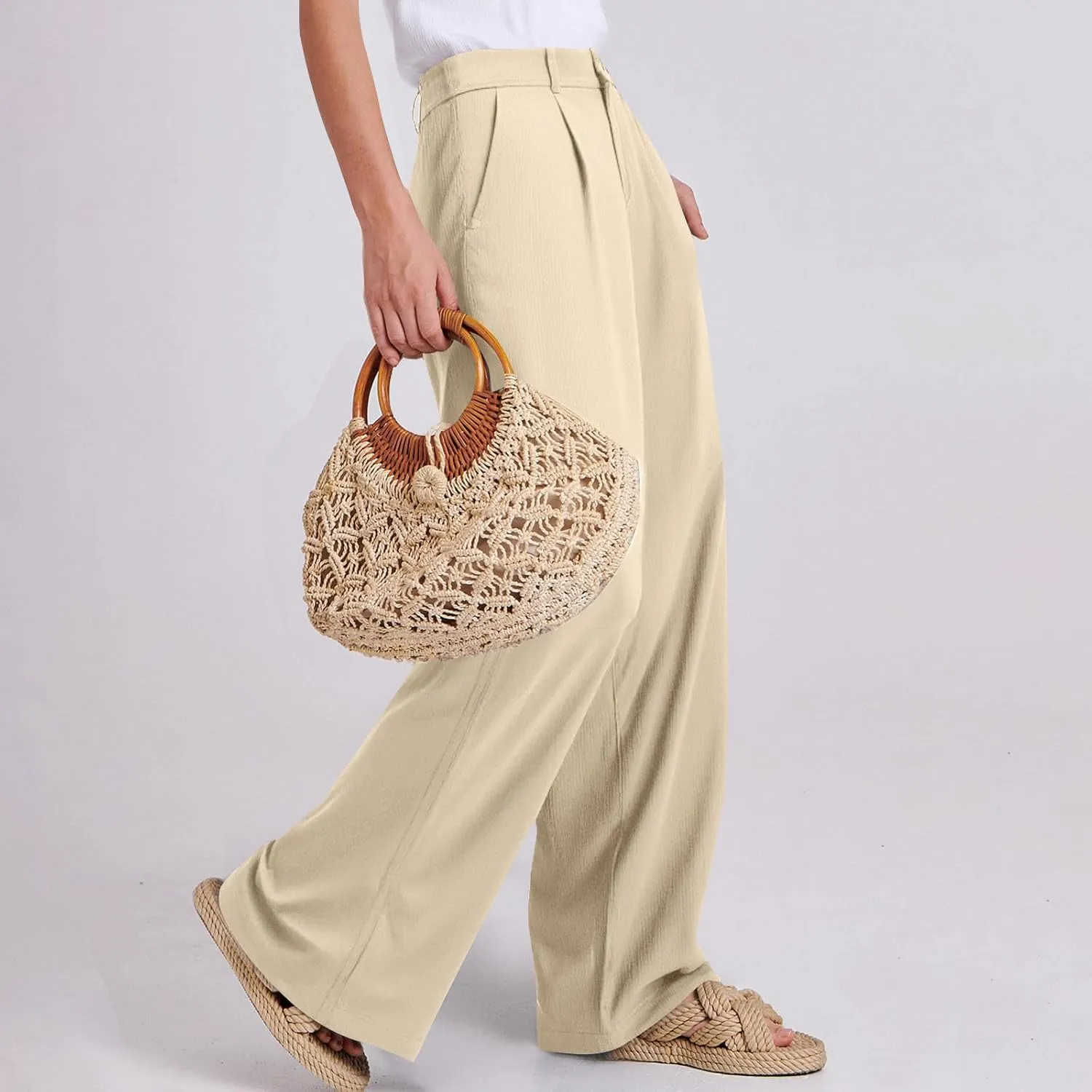 fanmpghleoo Dress Pants Women High Waisted Straight Wide Leg Linen Pants Summer Business Casual Linen Trousers with Pockets