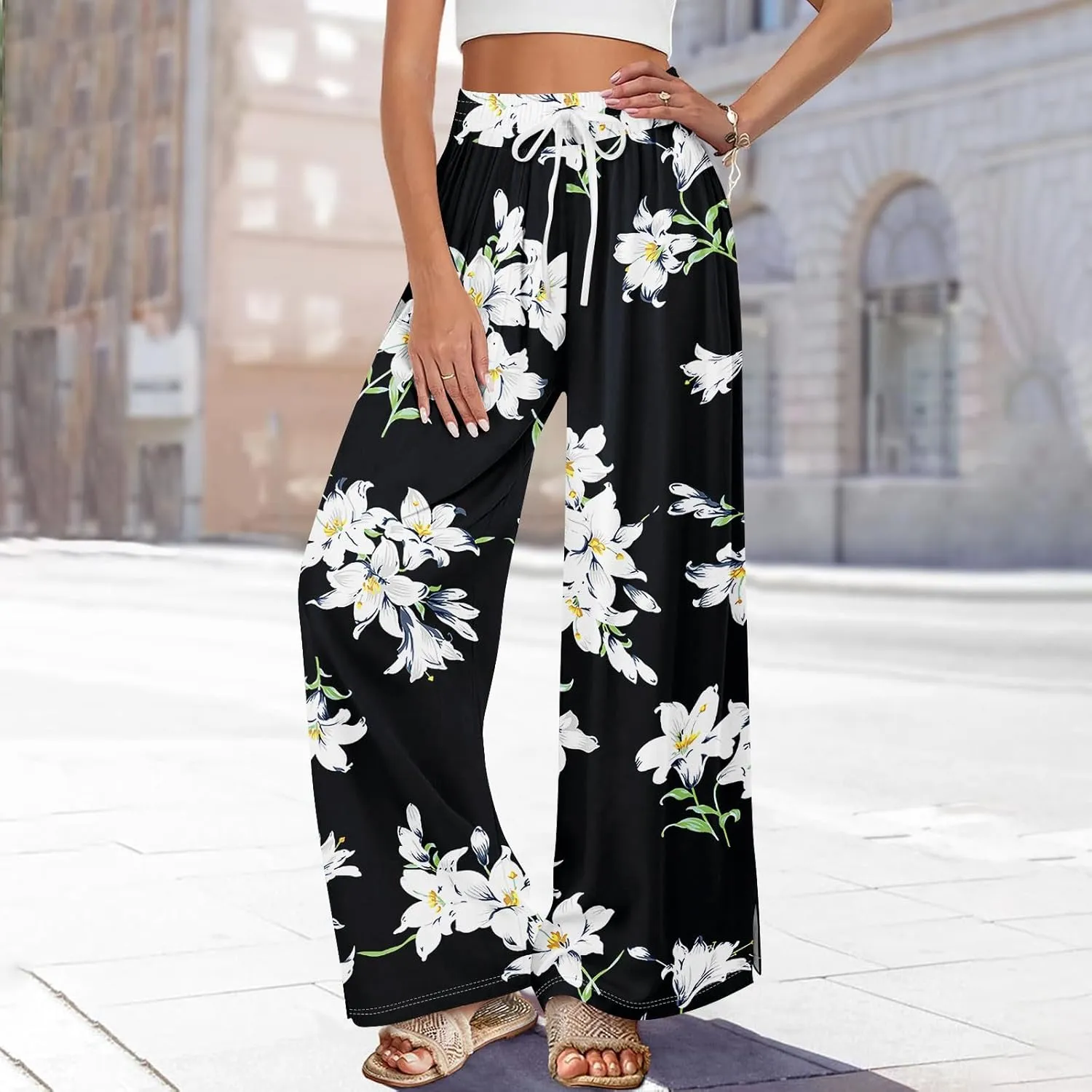 FlekmanArt Dress Pants Women Petite High Waisted Wide Leg Summer Beach Vacation Pants Boho Lounge Casual Palazzo Trousers