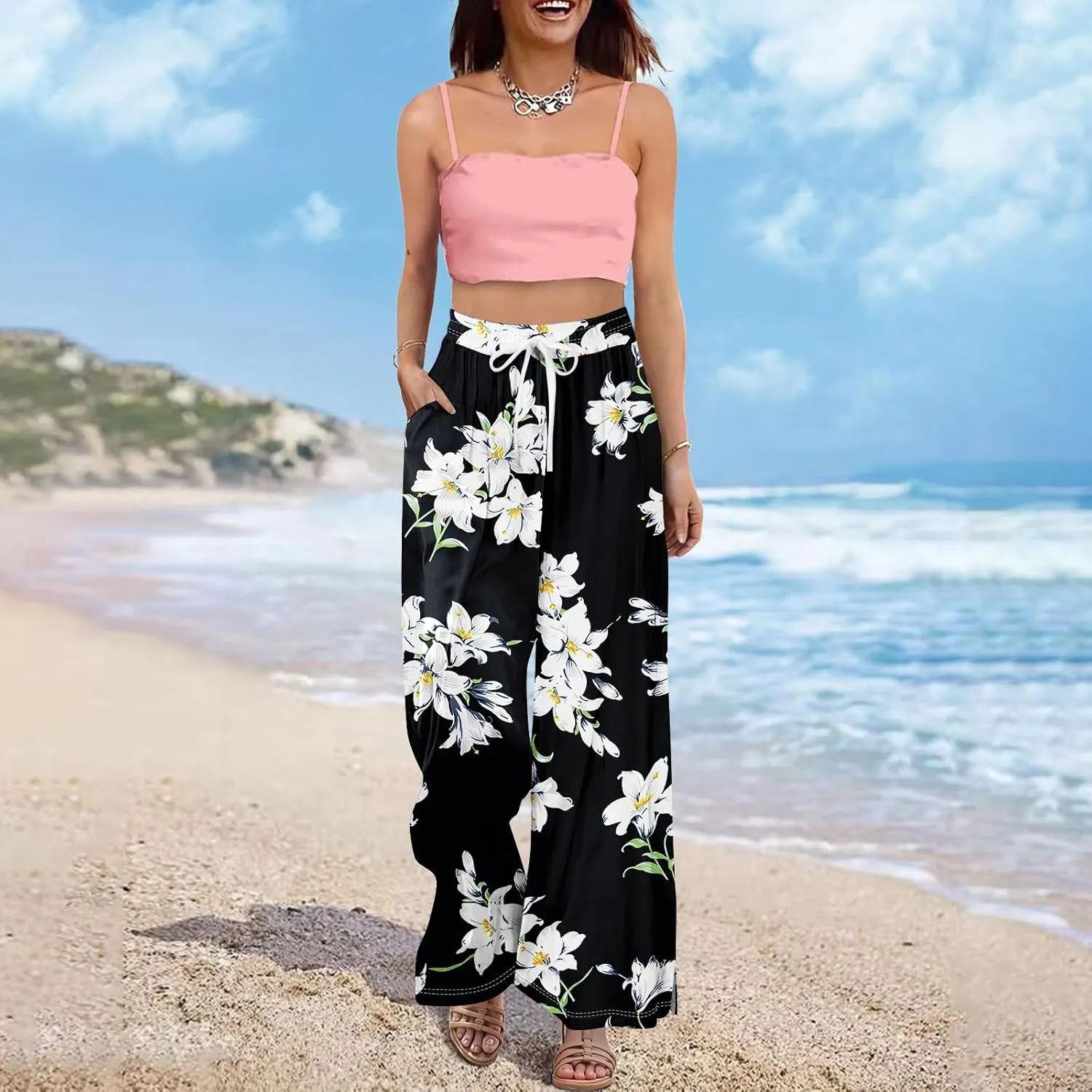FlekmanArt Dress Pants Women Petite High Waisted Wide Leg Summer Beach Vacation Pants Boho Lounge Casual Palazzo Trousers