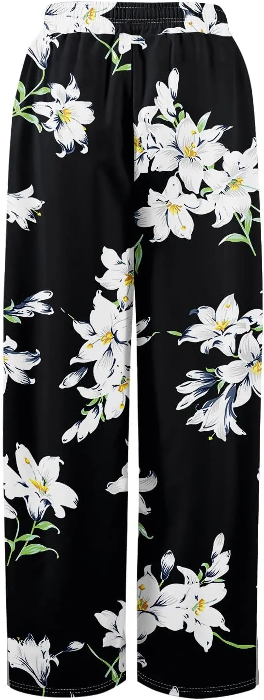 FlekmanArt Dress Pants Women Petite High Waisted Wide Leg Summer Beach Vacation Pants Boho Lounge Casual Palazzo Trousers
