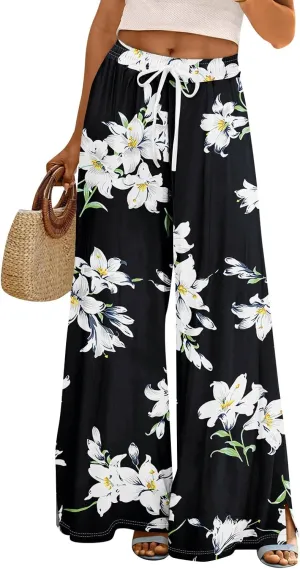 FlekmanArt Dress Pants Women Petite High Waisted Wide Leg Summer Beach Vacation Pants Boho Lounge Casual Palazzo Trousers