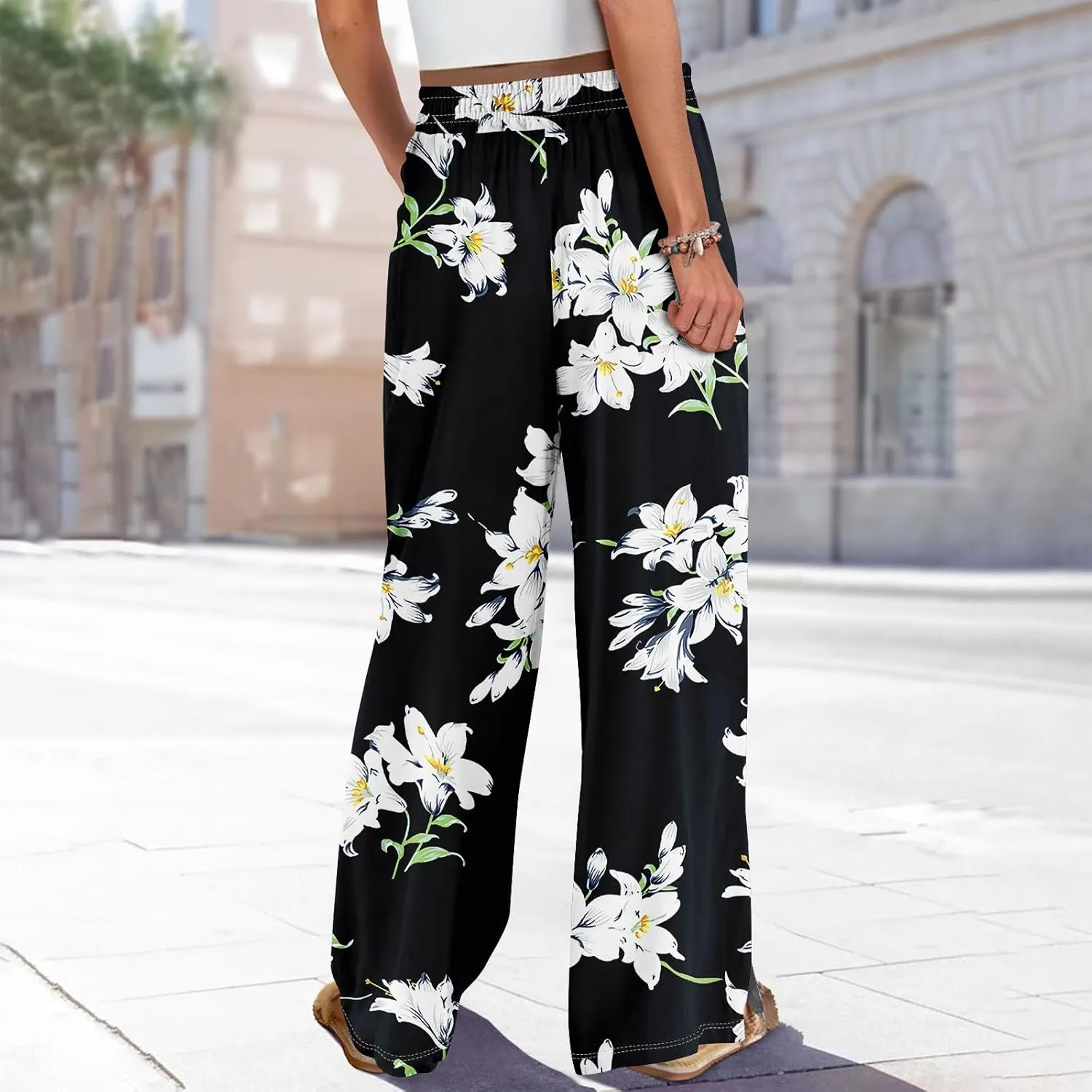 FlekmanArt Dress Pants Women Petite High Waisted Wide Leg Summer Beach Vacation Pants Boho Lounge Casual Palazzo Trousers