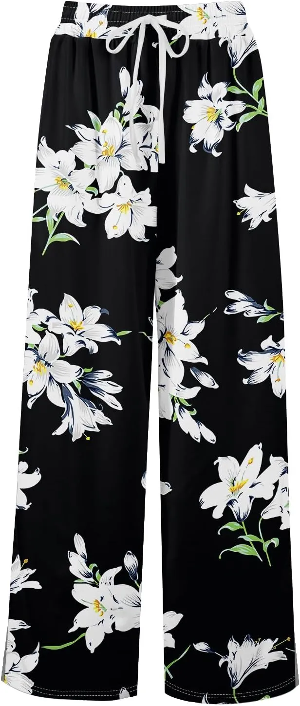 FlekmanArt Dress Pants Women Petite High Waisted Wide Leg Summer Beach Vacation Pants Boho Lounge Casual Palazzo Trousers