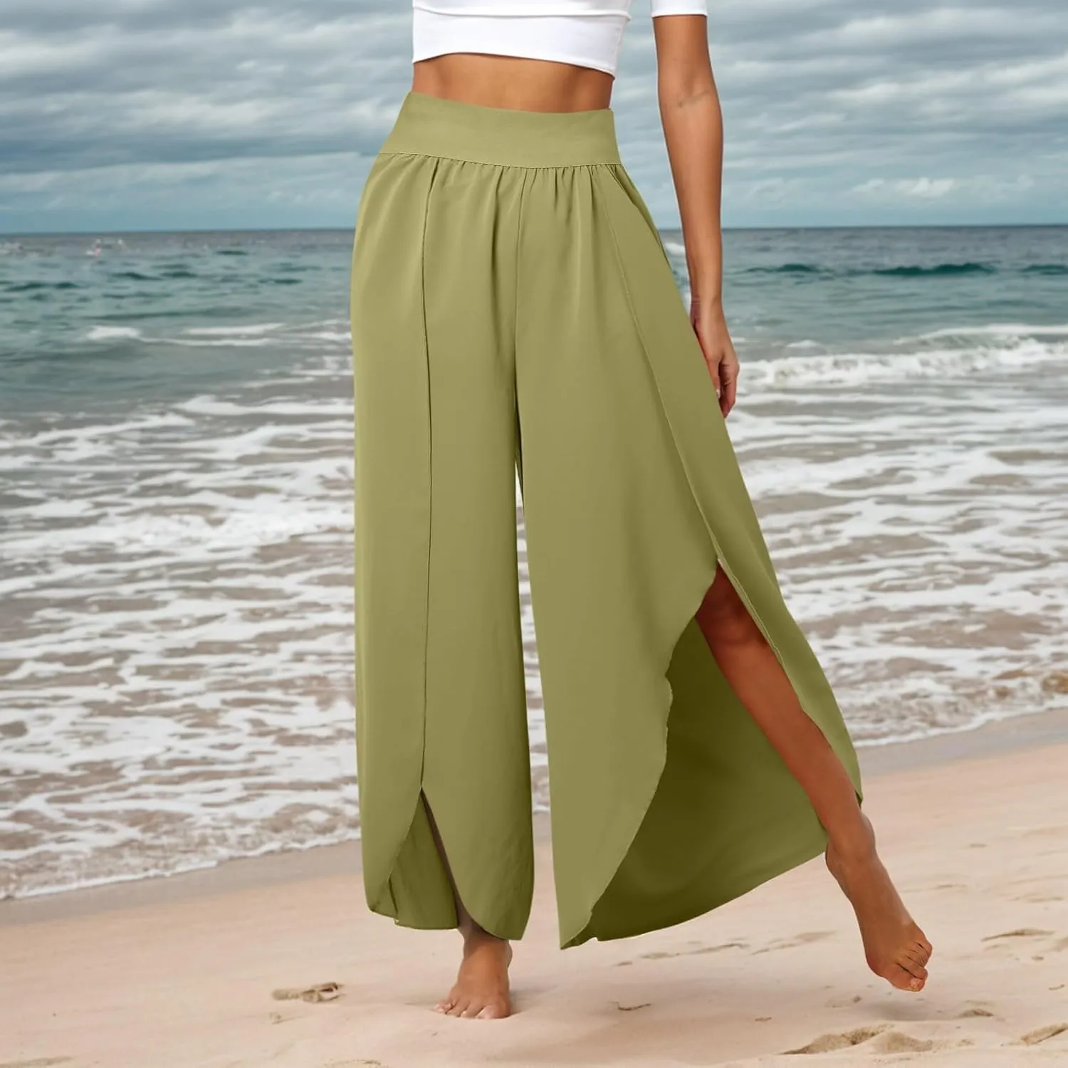 Flowy Wide Leg Pants for Women High Waisted Split Yoga Pants Loose Casual Palazzo Pants Stretch Dress Lounge Beach Pants