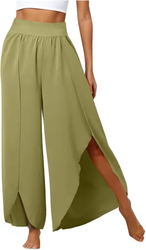Flowy Wide Leg Pants for Women High Waisted Split Yoga Pants Loose Casual Palazzo Pants Stretch Dress Lounge Beach Pants