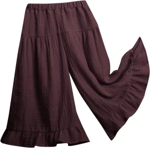 Girls Cotton Pleated Pants Wide Leg Flowy Culottes Pants Elastic Waist Trousers Comfy Casual Loose Jogger Clothes