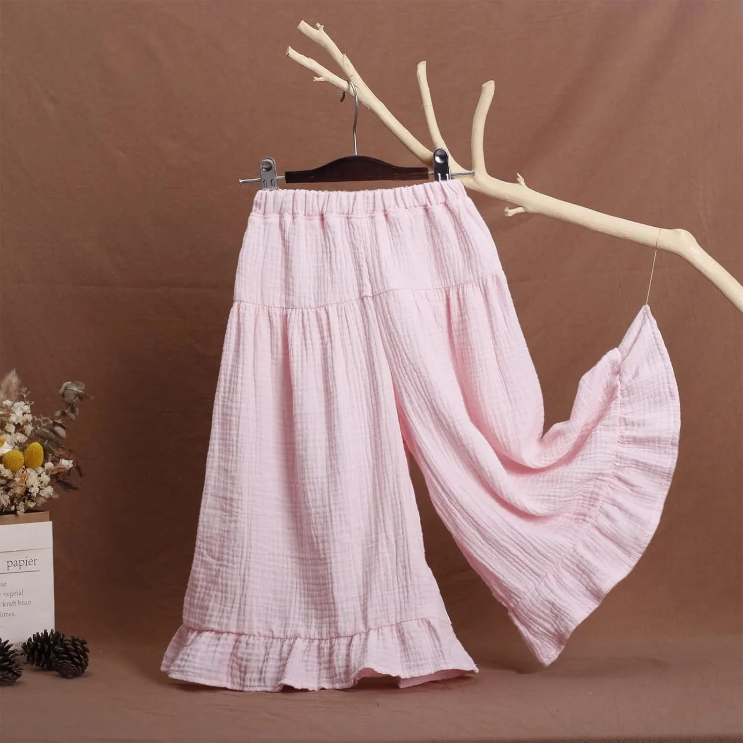 Girls Cotton Pleated Pants Wide Leg Flowy Culottes Pants Elastic Waist Trousers Comfy Casual Loose Jogger Clothes
