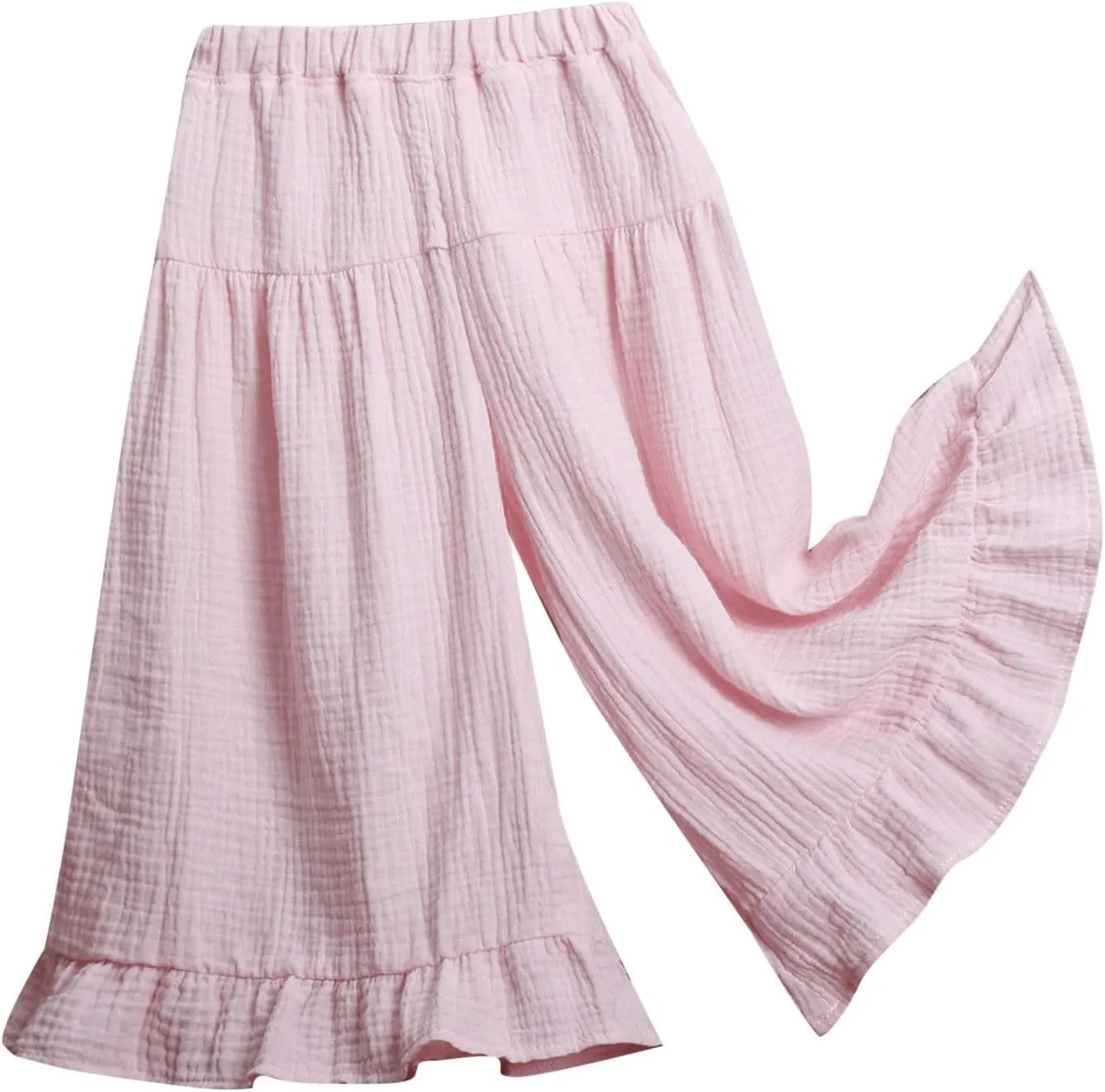 Girls Cotton Pleated Pants Wide Leg Flowy Culottes Pants Elastic Waist Trousers Comfy Casual Loose Jogger Clothes