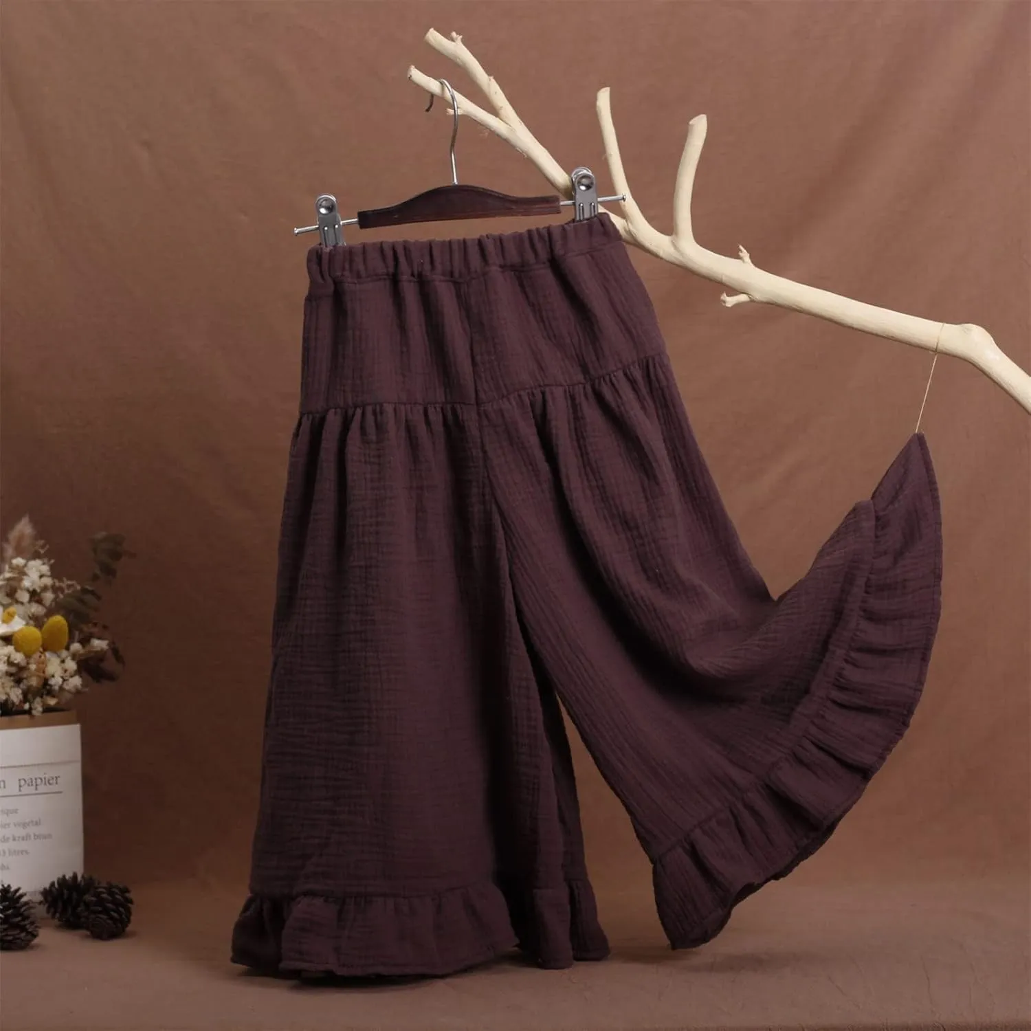 Girls Cotton Pleated Pants Wide Leg Flowy Culottes Pants Elastic Waist Trousers Comfy Casual Loose Jogger Clothes
