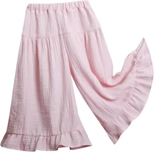Girls Cotton Pleated Pants Wide Leg Flowy Culottes Pants Elastic Waist Trousers Comfy Casual Loose Jogger Clothes