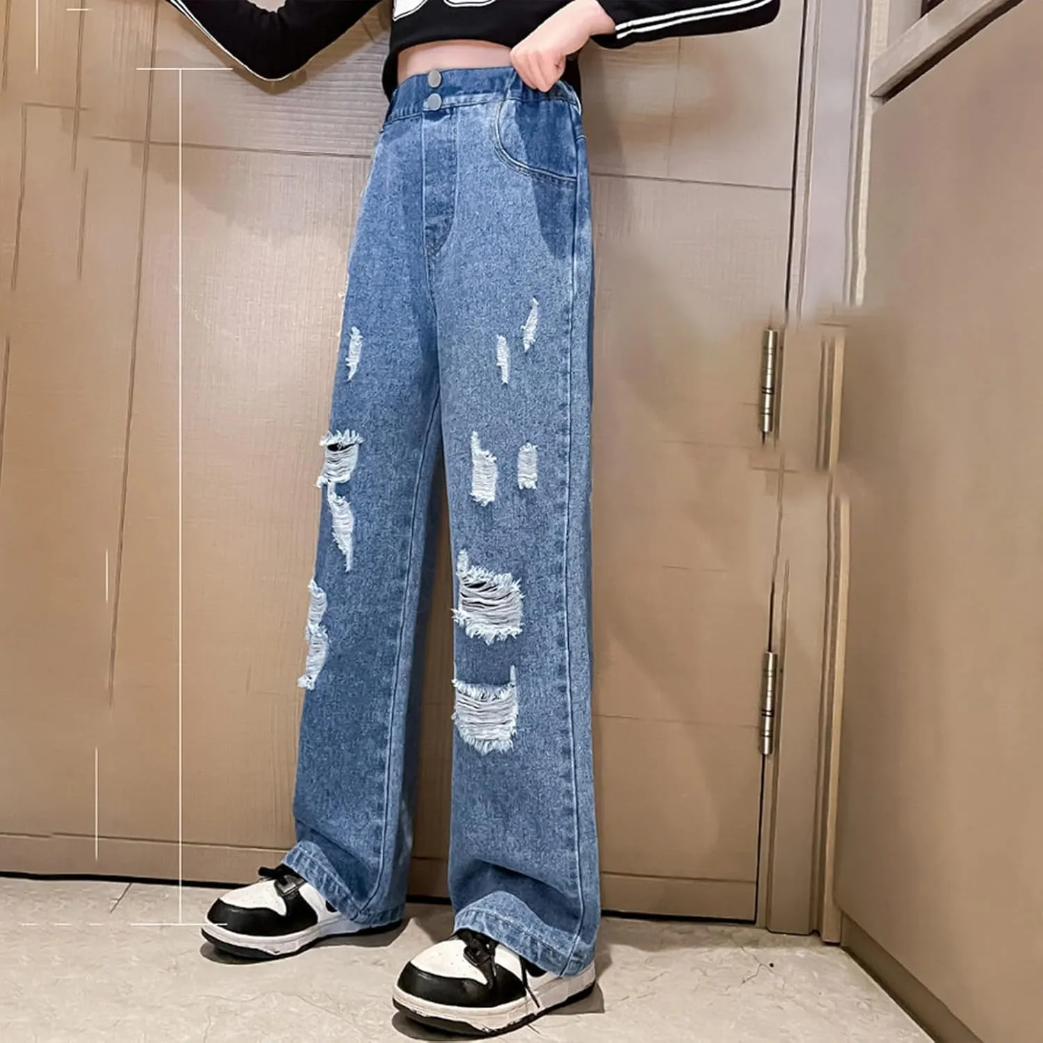 Girls Ripped Jeans Baggy Straight Leg Retro Denim Pants Teen Wide Leg Elastic Waist Y2k Casual Trousers Leggings