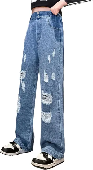 Girls Ripped Jeans Baggy Straight Leg Retro Denim Pants Teen Wide Leg Elastic Waist Y2k Casual Trousers Leggings