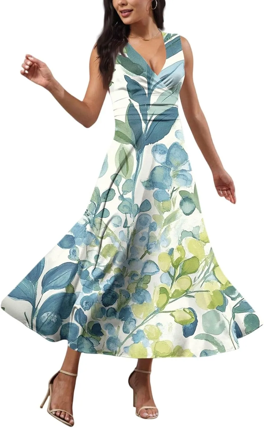 Hawaiian Dresses for Women Luau Party Summer Floral Sleeveless Sundress Sexy V Neck Cinched Waist Long Dress