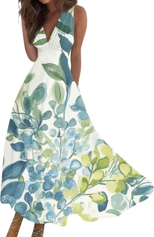 Hawaiian Dresses for Women Luau Party Summer Floral Sleeveless Sundress Sexy V Neck Cinched Waist Long Dress