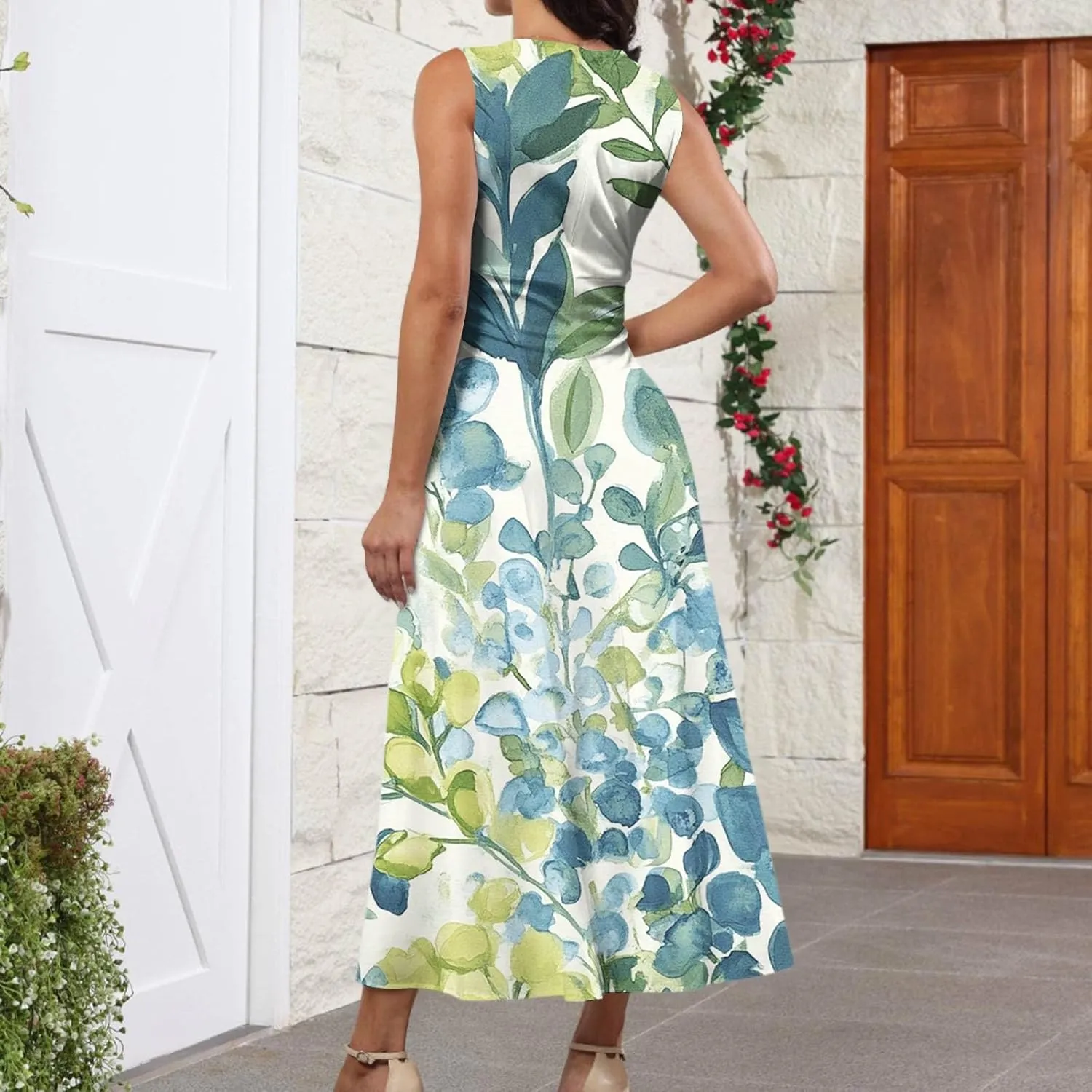 Hawaiian Dresses for Women Luau Party Summer Floral Sleeveless Sundress Sexy V Neck Cinched Waist Long Dress