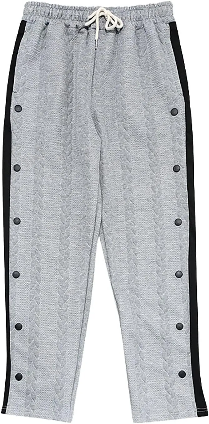 hlysgo Mens Jacquard Sweatpants Casual Loose Fit Side Button Trim Wide Leg Straight Pants Color Block Drawstring Joggers