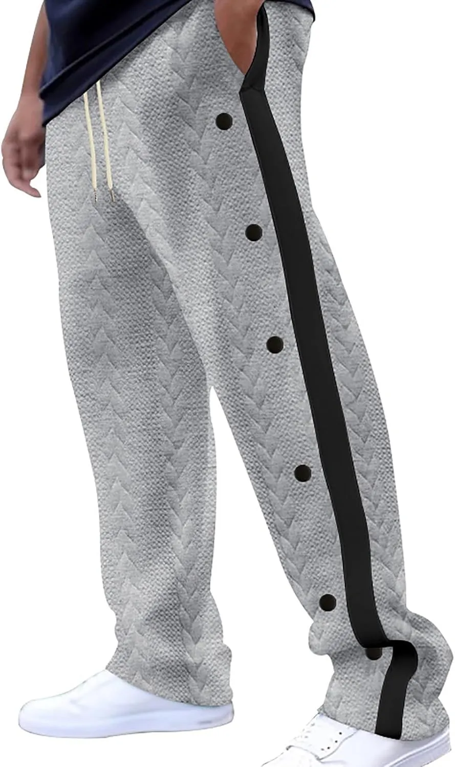 hlysgo Mens Jacquard Sweatpants Casual Loose Fit Side Button Trim Wide Leg Straight Pants Color Block Drawstring Joggers