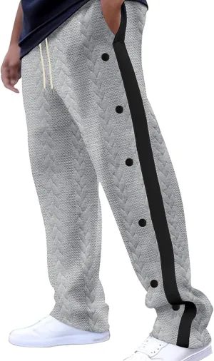hlysgo Mens Jacquard Sweatpants Casual Loose Fit Side Button Trim Wide Leg Straight Pants Color Block Drawstring Joggers