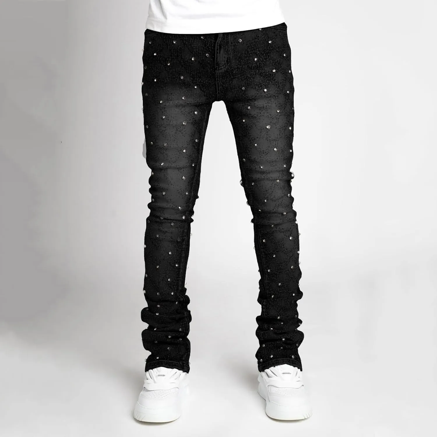 Hulpvktsgiq Jeans for Men Ripped Stretch Fit Skinny Stacked Rhinestone Jeans Slim Fit Denim Pants Fashion Trousers Streetwear