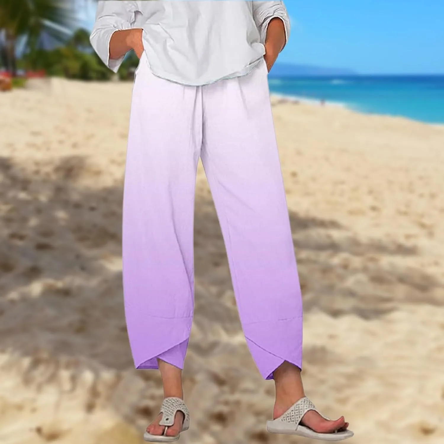 Linen Pants for Women Printed Wide Leg Loose Fit Casual Summer Vacation Flowy Palazzo Pants Cropped Beach Trousers
