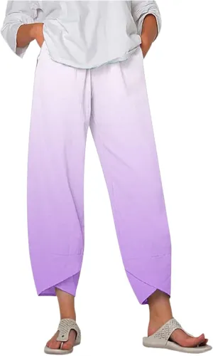 Linen Pants for Women Printed Wide Leg Loose Fit Casual Summer Vacation Flowy Palazzo Pants Cropped Beach Trousers