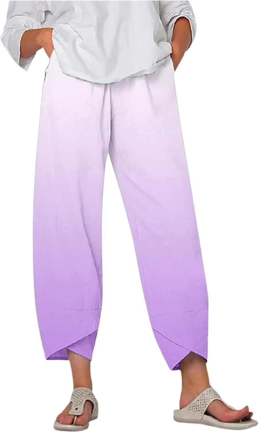 Linen Pants for Women Printed Wide Leg Loose Fit Casual Summer Vacation Flowy Palazzo Pants Cropped Beach Trousers
