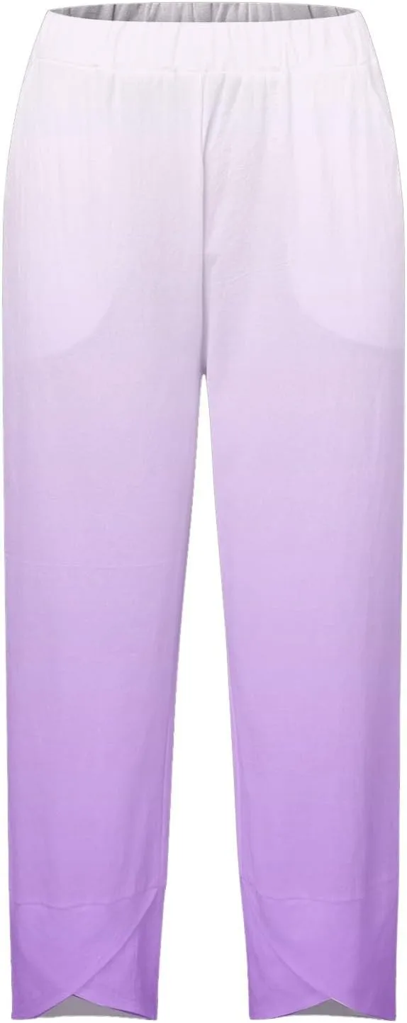 Linen Pants for Women Printed Wide Leg Loose Fit Casual Summer Vacation Flowy Palazzo Pants Cropped Beach Trousers