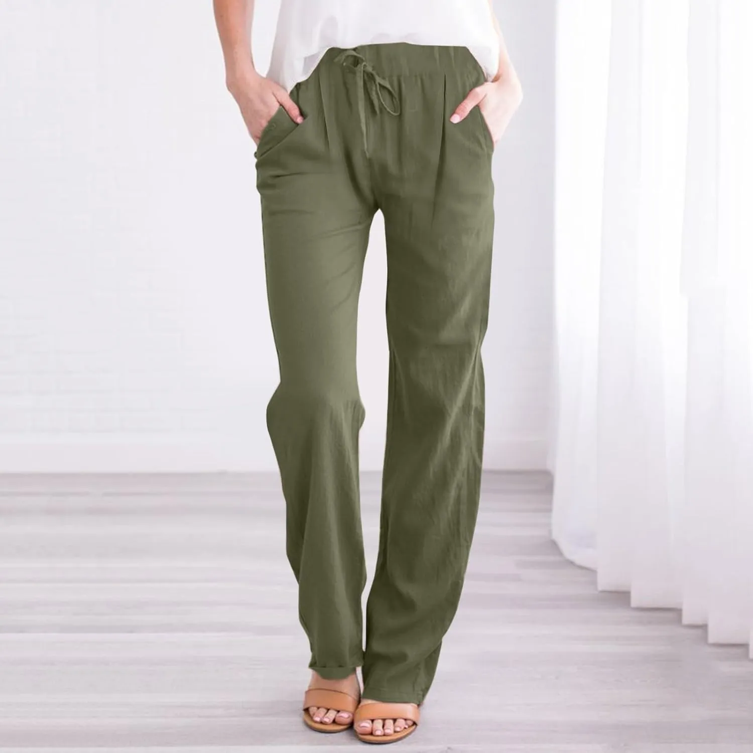 Linen Pants Women Cotton Linen Straight Leg Lightweight Pants Summer Pants Plus Size Women Loose Fit Trousers