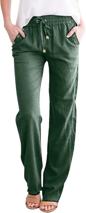 Linen Pants Women Summer Petite 2025 Summer Casual Palazzo Drawstring Cotton Linen Pants Beach Trousers with Pockets