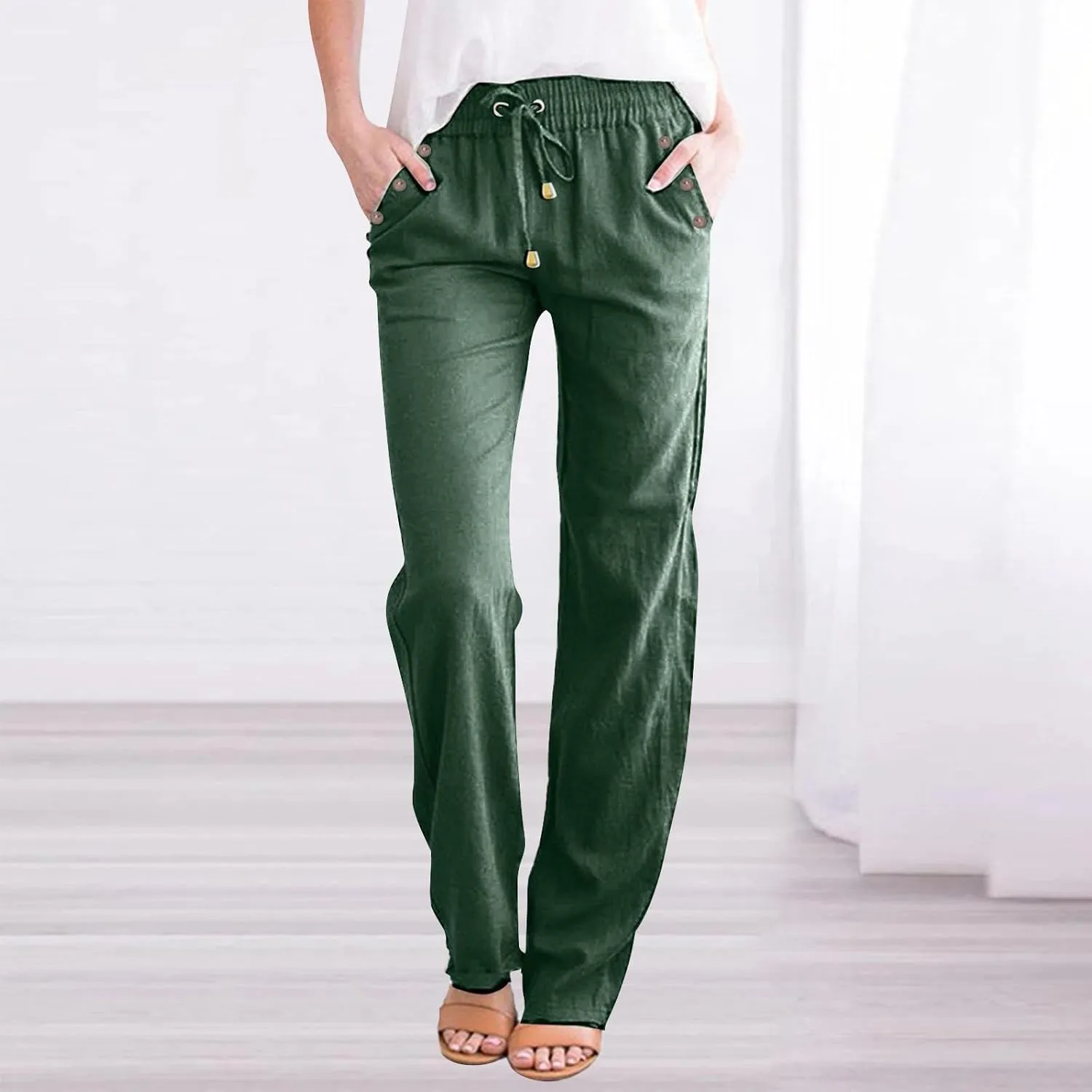 Linen Pants Women Summer Petite 2025 Summer Casual Palazzo Drawstring Cotton Linen Pants Beach Trousers with Pockets